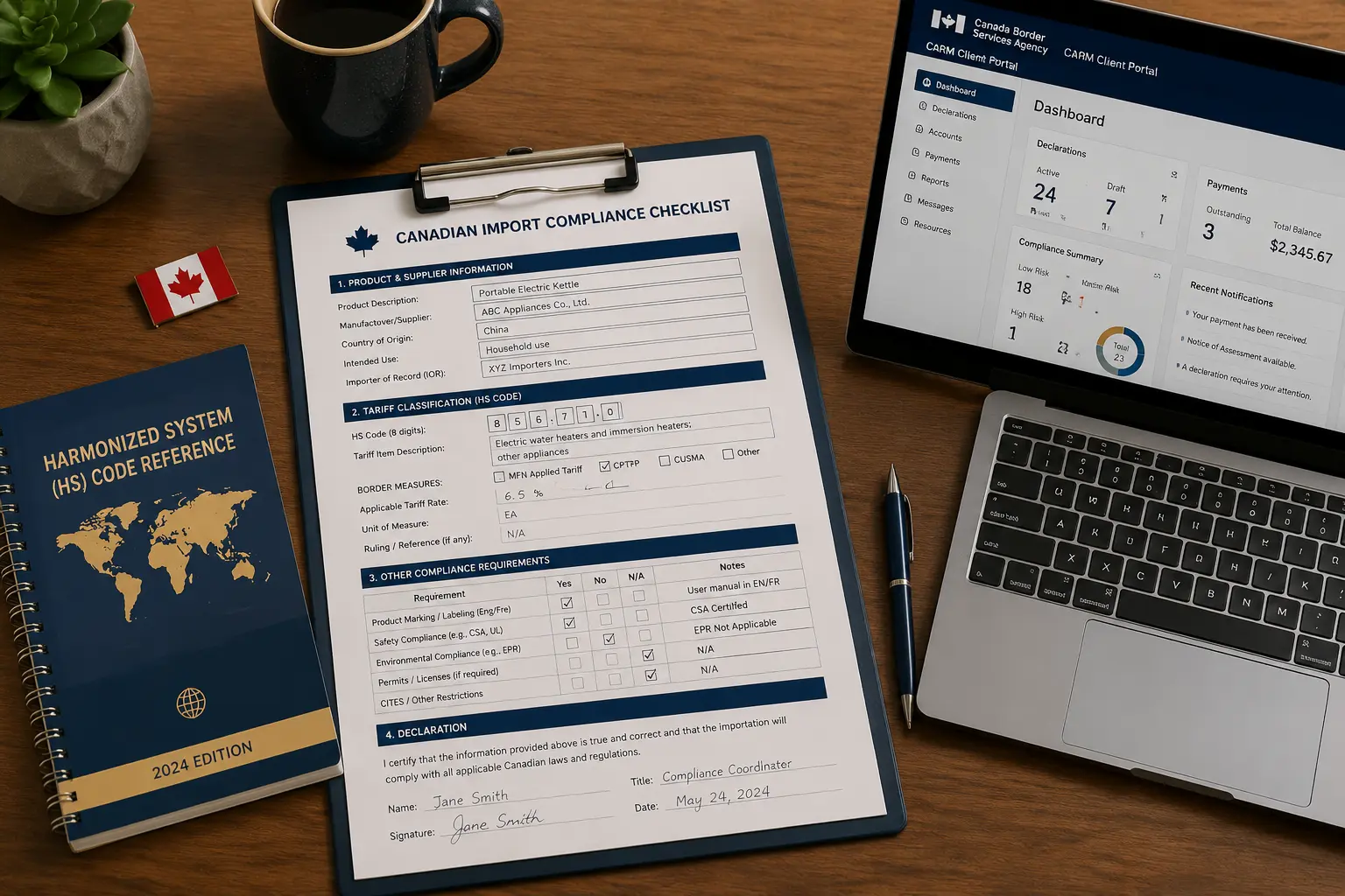 Top-down view of a Canadian Import Compliance Checklist form filled out on a tablet screen, positioned next to a laptop displaying the Canada Border Services Agency (CBSA) CARM Client Portal dashboard and an HS Code reference notebook.