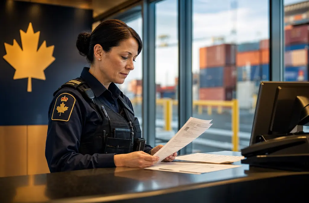 Profile view of a female Canadian border services officer in uniform standing at a counter and reviewing paperwork, with large shipping containers visible through windows in the background.