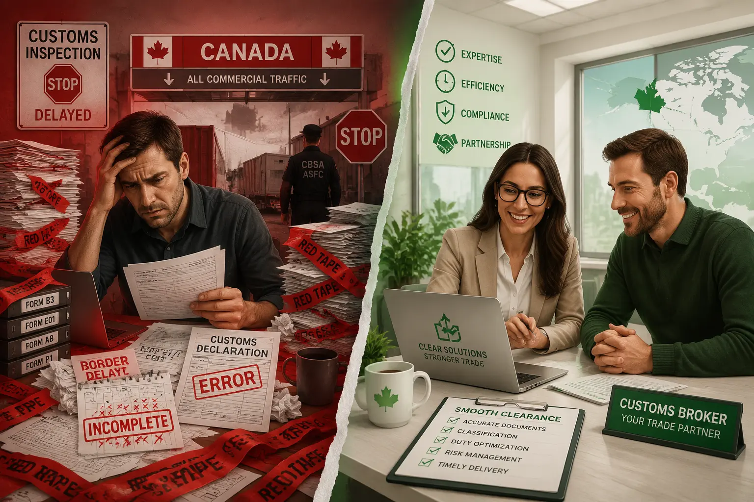 A split-screen graphic contrasting a stressed man overwhelmed by customs errors, border delays, and red tape on the left, with a smiling couple consulting a professional customs broker in a bright office on the right.