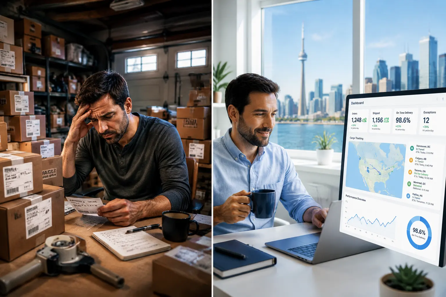 A split-screen graphic contrasting a stressed man managing messy shipping boxes in a dark garage on the left, with a smiling man tracking automated shipments on a laptop dashboard with the Toronto skyline outside his window on the right.