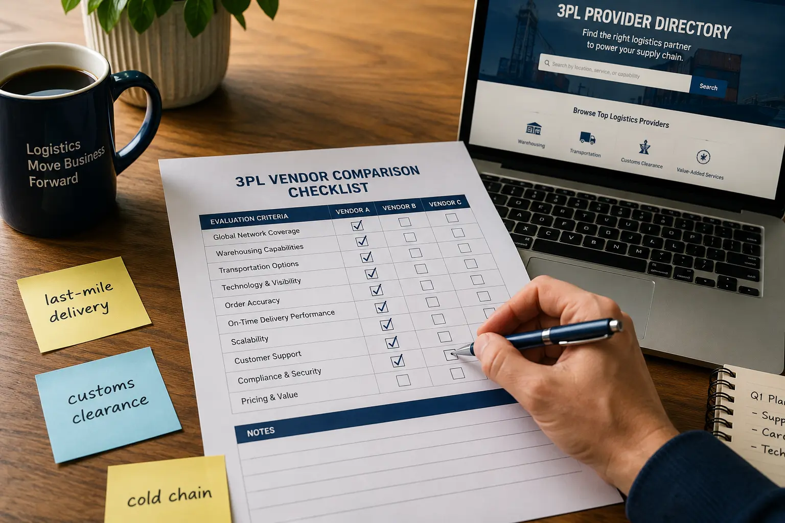 Top-down view of a person using a pen to fill out a 3PL Vendor Comparison Checklist document on a wooden desk next to a laptop showing a 3PL Provider Directory website and sticky notes labeled last-mile delivery, customs clearance, and cold chain.