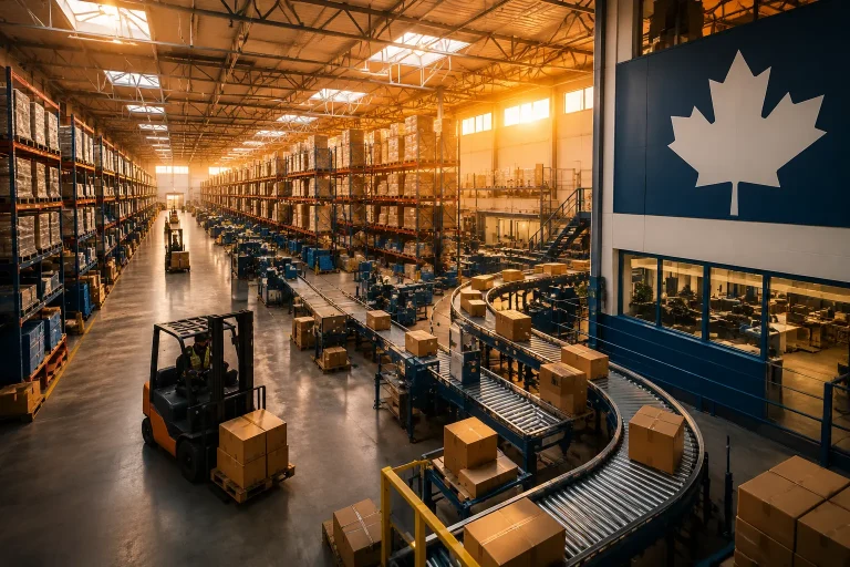 High-angle view of a large warehouse interior featuring a curved conveyor belt carrying cardboard boxes, tall storage racks, a operating forklift, and a large white maple leaf logo on a blue wall.