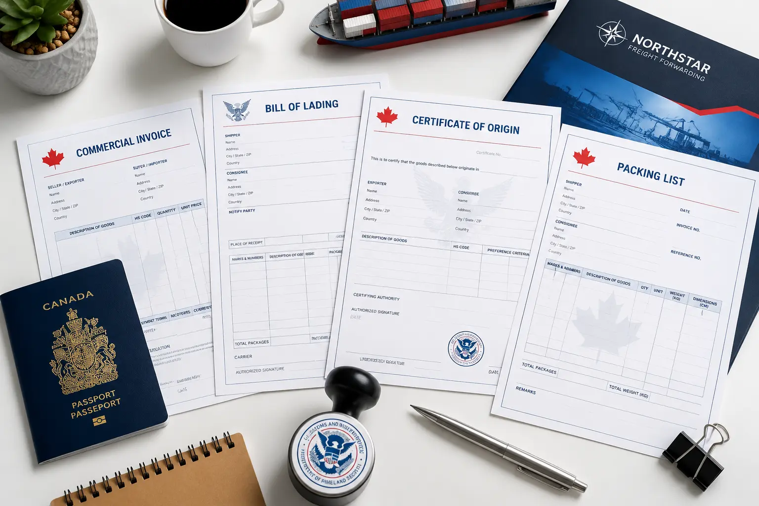Top-down view of international trade shipping documents including a Commercial Invoice, Bill of Lading, Certificate of Origin, and Packing List spread out on a white desk next to a Canadian passport, a rubber stamp, and a pen.If