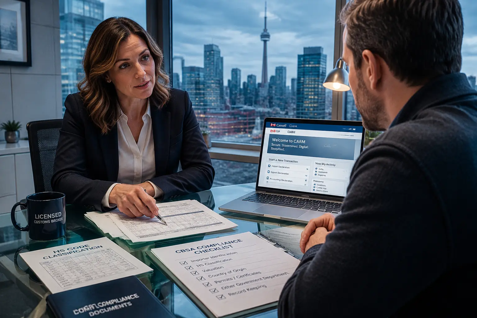 A female licensed customs broker sitting at a desk across from a client, pointing to an HS code classification document next to a laptop displaying the CBSA CARM portal login page with the Toronto skyline visible outside the window