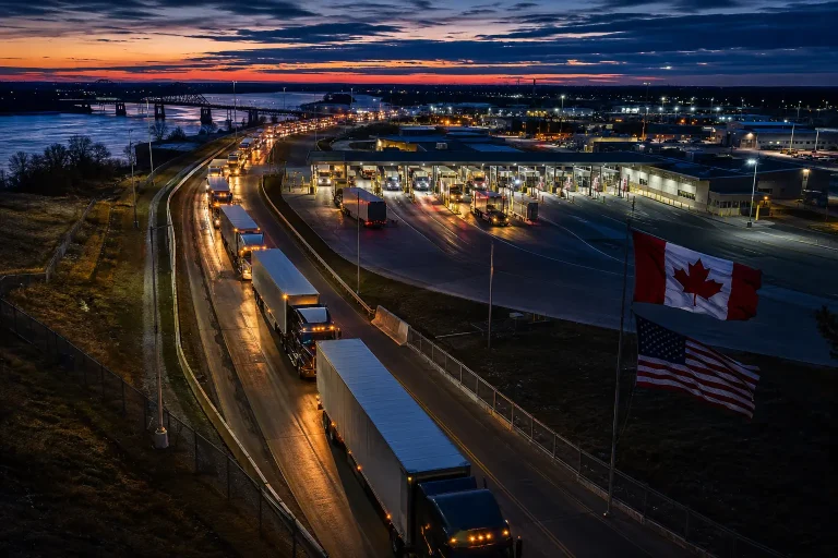 High-angle view of a long line of semi-trucks queueing on an approach road toward a brightly lit international border customs plaza at twilight, with the Canadian and United States flags flying in the foreground.