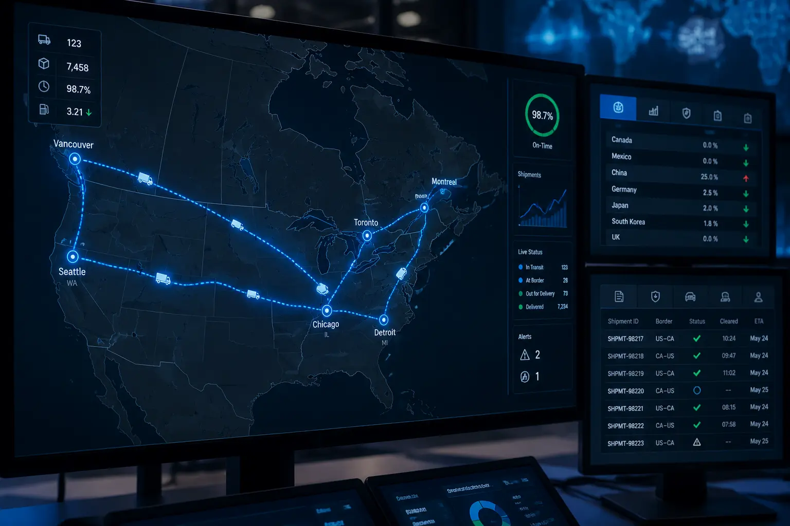 Glowing computer monitors displaying a digital logistics map of North America with active transit lines connecting cities like Vancouver, Seattle, Chicago, Detroit, Toronto, and Montreal alongside data metrics and shipment statuses.