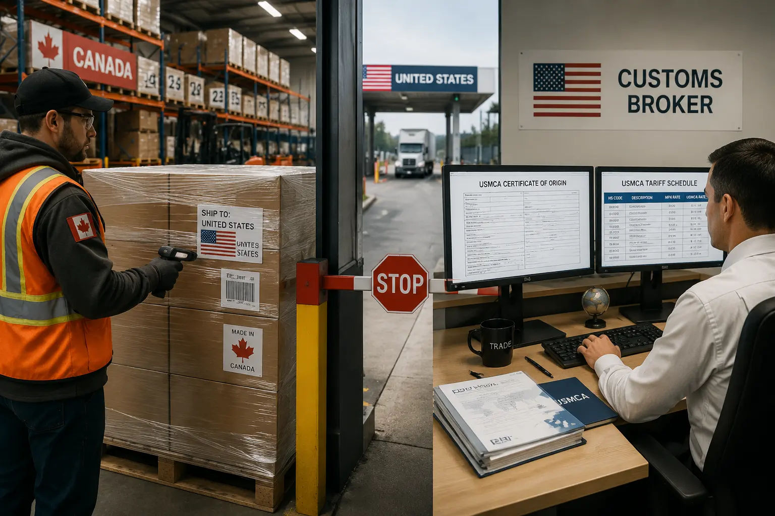 Split view showing a Canadian warehouse worker scanning a pallet shipped to the United States on the left, and a customs broker processing a USMCA certificate of origin and tariff schedule on computer screens on the right.